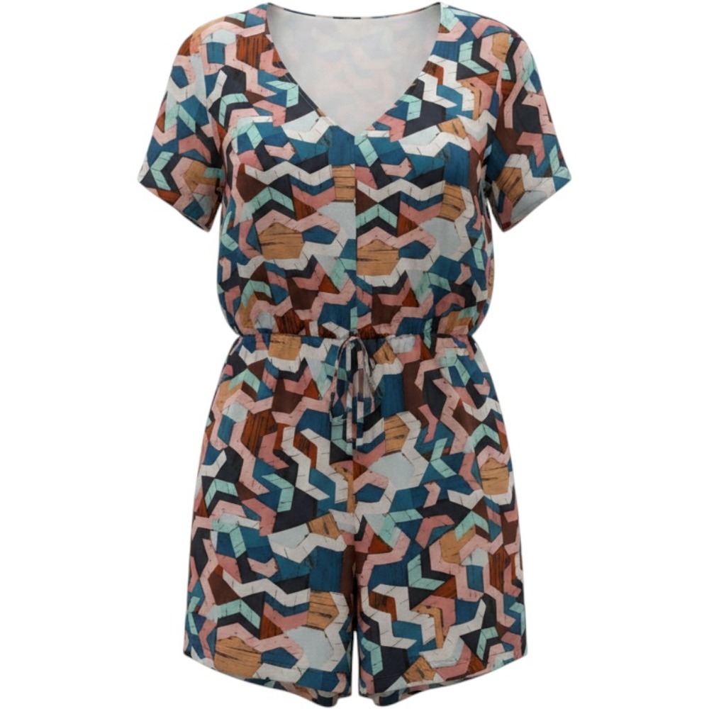Plus Size Lane Bryant Women's Geometric Chevron Print Romper Blue V-Neck Pocket